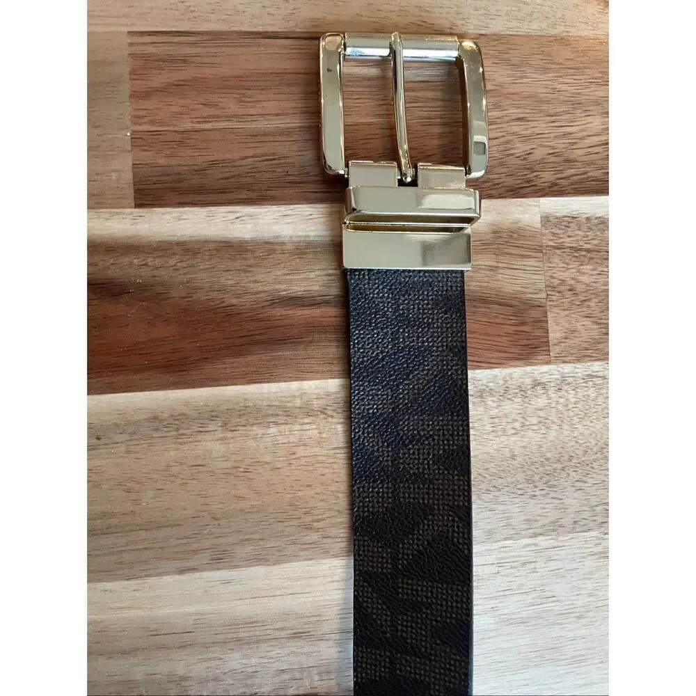 MICHAEL KORS 553119 MK Signature Belt Brown Leather-Gold Square Buckle